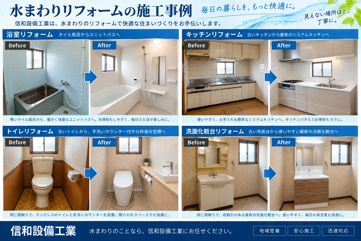 浴室・キッチン・トイレ・洗面化粧台のリフォーム Before After イメージ